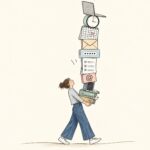 Why life is so exhausting for neurodivergent people – illustration of a woman carrying a towering stack of everyday demands, including emails, passwords, calendars, forms and technology.