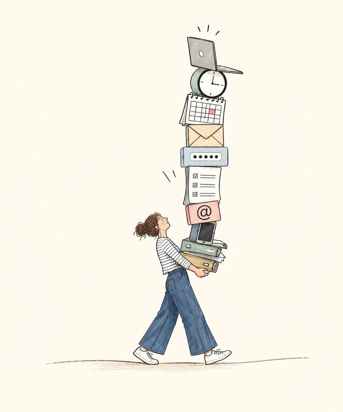 Why life is so exhausting for neurodivergent people – illustration of a woman carrying a towering stack of everyday demands, including emails, passwords, calendars, forms and technology.