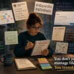 Illustration of a neurodivergent adult translating everyday tasks such as emails, calendars and forms from symbolic languages, representing translation fatigue and the hidden cognitive effort of navigating modern life.