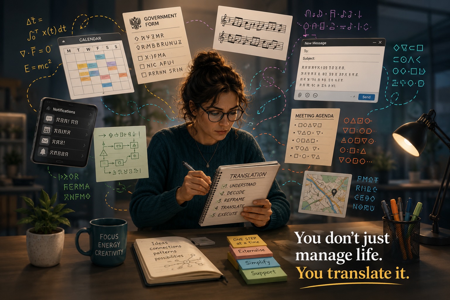 Illustration of a neurodivergent adult translating everyday tasks such as emails, calendars and forms from symbolic languages, representing translation fatigue and the hidden cognitive effort of navigating modern life.
