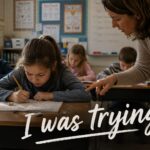 Child with ADHD trying to concentrate in class while being corrected by a teacher, illustrating the impact of childhood criticism