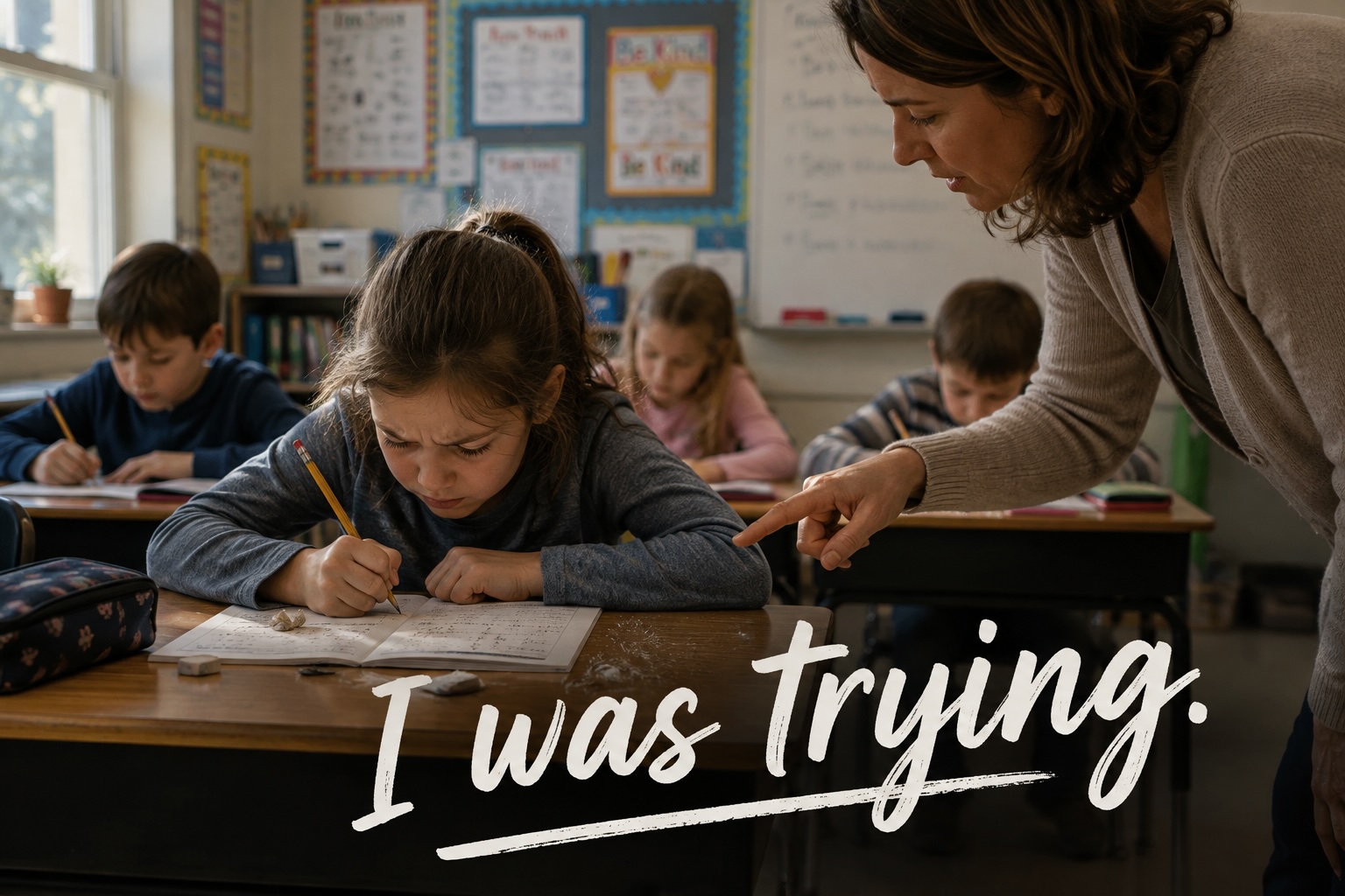 Child with ADHD trying to concentrate in class while being corrected by a teacher, illustrating the impact of childhood criticism