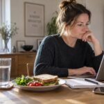 Woman with ADHD absorbed in work while her lunch sits untouched, illustrating ADHD and interoception and difficulty noticing body signals.