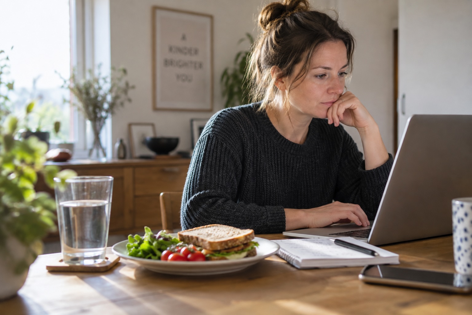 Woman with ADHD absorbed in work while her lunch sits untouched, illustrating ADHD and interoception and difficulty noticing body signals.
