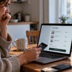 Woman looking anxious while holding a bank card beside an online shopping basket, illustrating ADHD impulsive spending and risky decision-making.