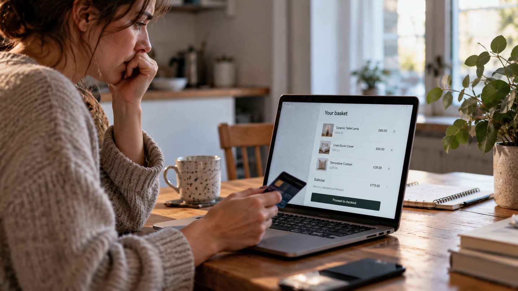 Thoughtful Online Checkout at Home(1) Woman looking anxious while holding a bank card beside an online shopping basket, illustrating ADHD impulsive spending and risky decision-making.