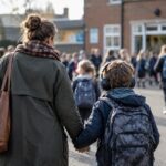 A mother walks confidently through a school playground, holding hands with her neurodivergent child who wears mismatched clothes and noise-cancelling headphones — a candid moment capturing the reality of parenting a neurodivergent child in a neurotypical environment.