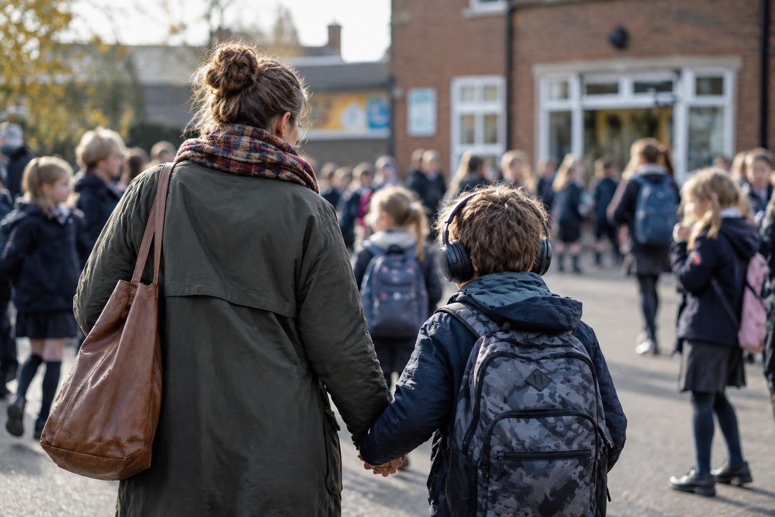 Walking Together Through the Schoolyard A mother walks confidently through a school playground, holding hands with her neurodivergent child who wears mismatched clothes and noise-cancelling headphones — a candid moment capturing the reality of parenting a neurodivergent child in a neurotypical environment.
